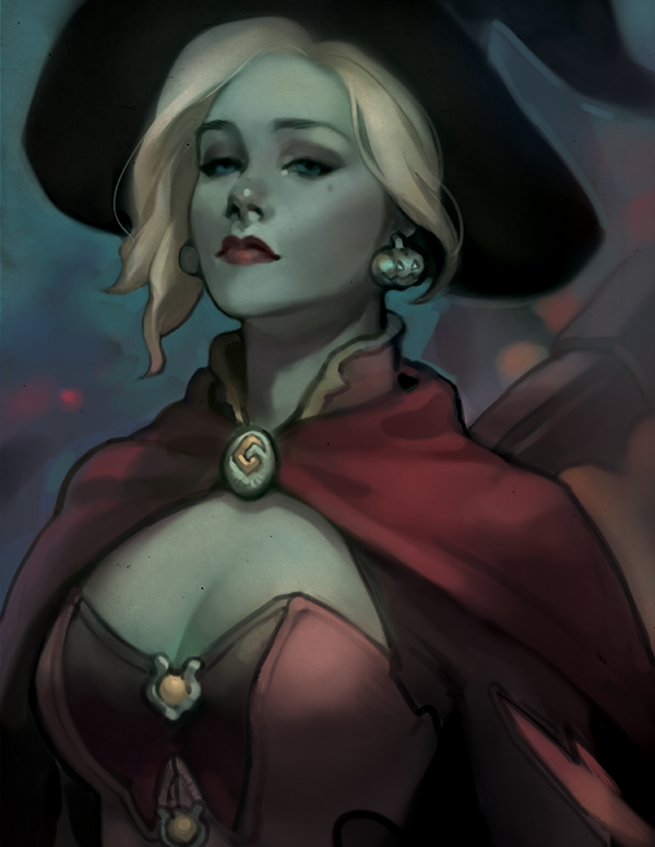 1girl, alternate_costume, blonde_hair, blue_eyes, bodice, breasts, brooch, capelet, cleavage, earrings, halloween_costume, hat, jack-o'-lantern_earrings, jewelry, kakimari, lips, lipstick, looking_at_viewer, makeup, mechanical_wings, medium_breasts, mercy_(overwatch), night, nose, outdoors, outline, overwatch, portrait, realistic, red_lipstick, solo, wings, witch, witch_hat, witch_mercy