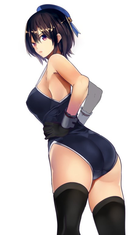 1girl, ass, beret, black_gloves, black_hair, black_legwear, blue_swimsuit, breasts