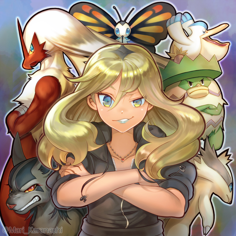 1girl, bangs, beautifly, bird, black_hair, blaziken, blonde_hair, blue_eyes