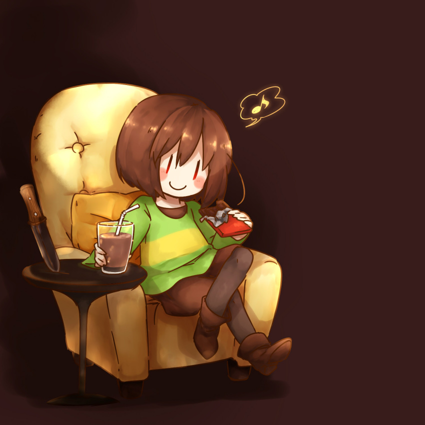 androgynous, armchair, blush_stickers, brown_hair, chair, chara_(undertale), chocolate_bar, chocolate_milk