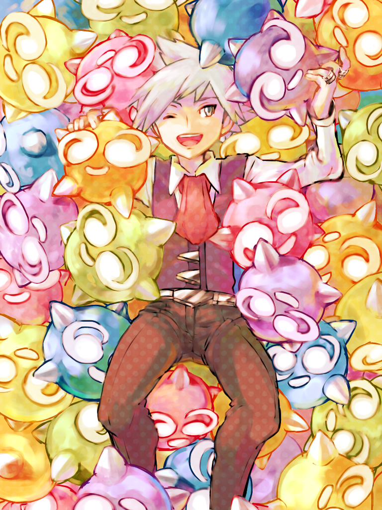 1boy, :d, ;d, belt, cravat, dress_shirt, full_body, jewelry