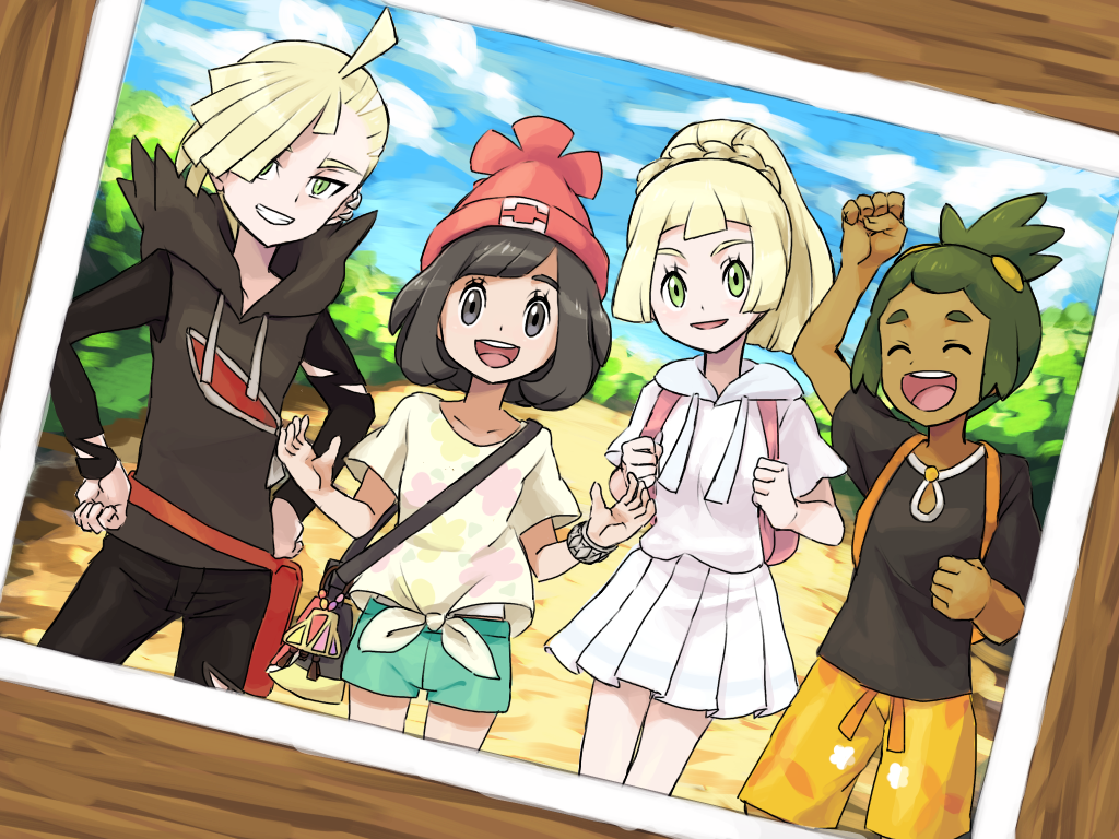 2boys, 2girls, asymmetrical_hair, backpack, bag, bangs, beanie, black_hair, blonde_hair, blue_eyes, braid, brother_and_sister, closed_eyes, dark_skin, dark_skinned_male, female_protagonist_(pokemon_sm), floral_print, gladio_(pokemon), green_eyes, green_hair, hair_over_one_eye, handbag, hat, hau_(pokemon), hood, hoodie, koutetsu_(fe_steel_stone), lillie_(pokemon), multiple_boys, multiple_girls, npc, npc_trainer, open_mouth, photo_(object), player_character, pokemon, pokemon_(game), pokemon_sm, ponytail, red_hat, rival_(pokemon), shirt, short_hair, shorts, siblings, skirt, smile, swept_bangs, t-shirt, tied_shirt, torn_clothes, z-ring