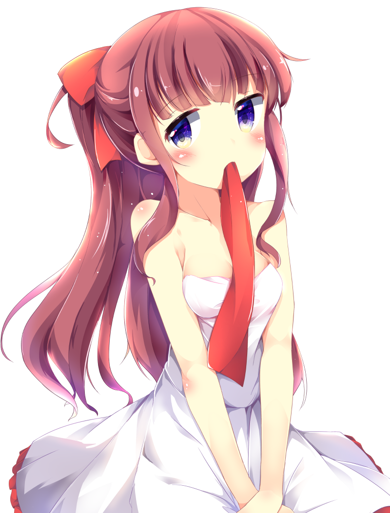 1girl, blush, breasts, brown_hair, cleavage, collarbone, dress, eyebrows_visible_through_hair