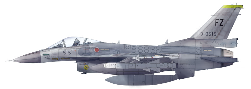 aircraft, airplane, ancient, f-16_fighting_falcon, fighter_jet, from_side, highres, jasdf, jet, military, military_vehicle, missile, mitsubishi_f-2, no_humans, original, tagme