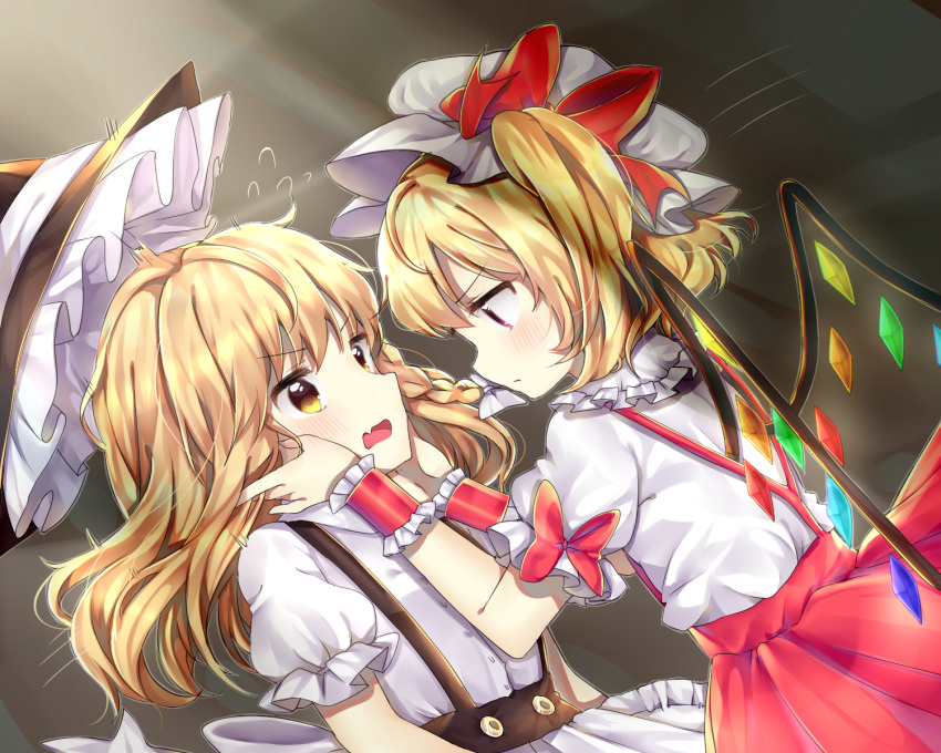 2girls, arm_ribbon, blonde_hair, blush, braid, cheunes, expressionless, eye_contact, fang, flandre_scarlet, flying_sweatdrops, gradient, gradient_background, grey_background, hair_ribbon, hands_on_another's_cheeks, hands_on_another's_face, hat, hat_removed, hat_ribbon, headwear_removed, highres, kirisame_marisa, long_hair, looking_at_another, mob_cap, multiple_girls, open_mouth, puffy_short_sleeves, puffy_sleeves, red_eyes, red_skirt, ribbon, short_hair, short_sleeves, side_ponytail, single_braid, skirt, suspenders, touhou, tress_ribbon, upper_body, wings, witch_hat, wrist_cuffs, yellow_eyes