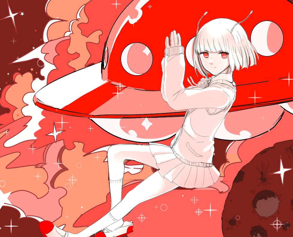 1girl, alien_alien_(vocaloid), andromedako, antennae, bob_cut, diffraction_spikes, flying_saucer, jitome