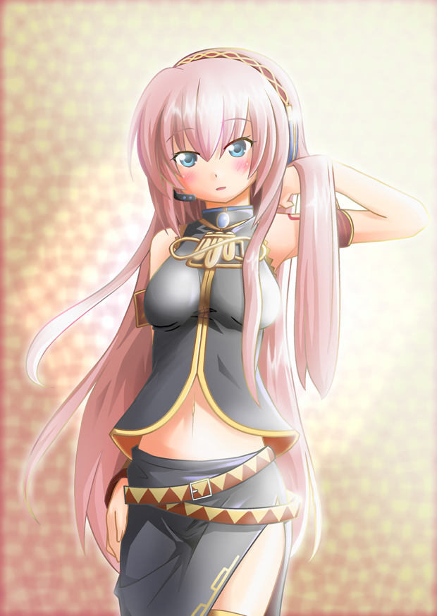 blue_eyes, headset, long_hair, megurine_luka, midriff, navel, nisuki, pink_hair