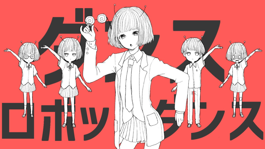 1boy, 4girls, andromedako, andromedao, antennae, arm_up, bob_cut, coke-bottle_glasses