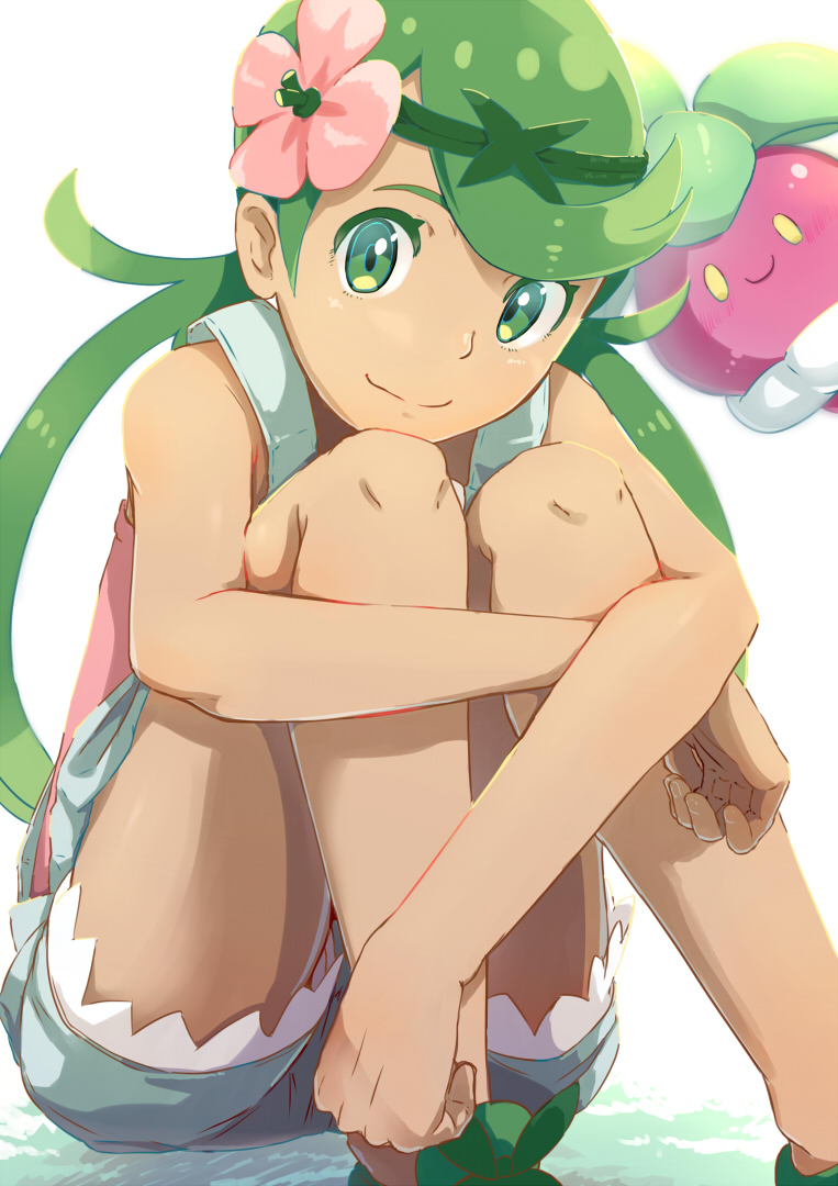 1girl, bare_arms, bare_legs, bounsweet, dark_skin, flower, green_eyes, green_hair