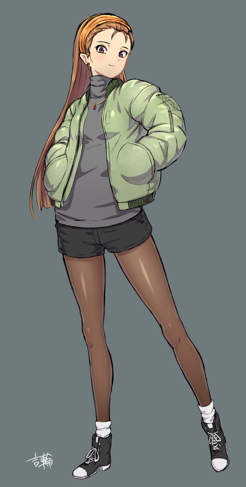 1girl, black_legwear, brown_eyes, brown_hair, coat, earrings, full_body, grey_background