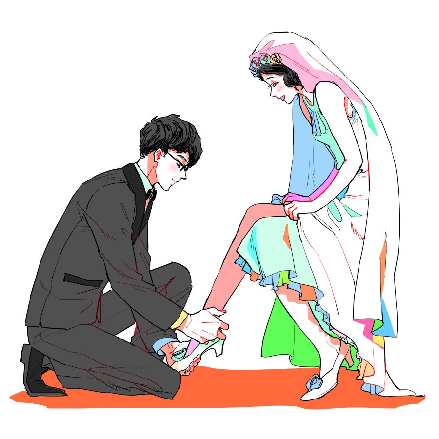 1boy, 1girl, bare_shoulders, black_hair, blush, bridal_veil, couple, dress