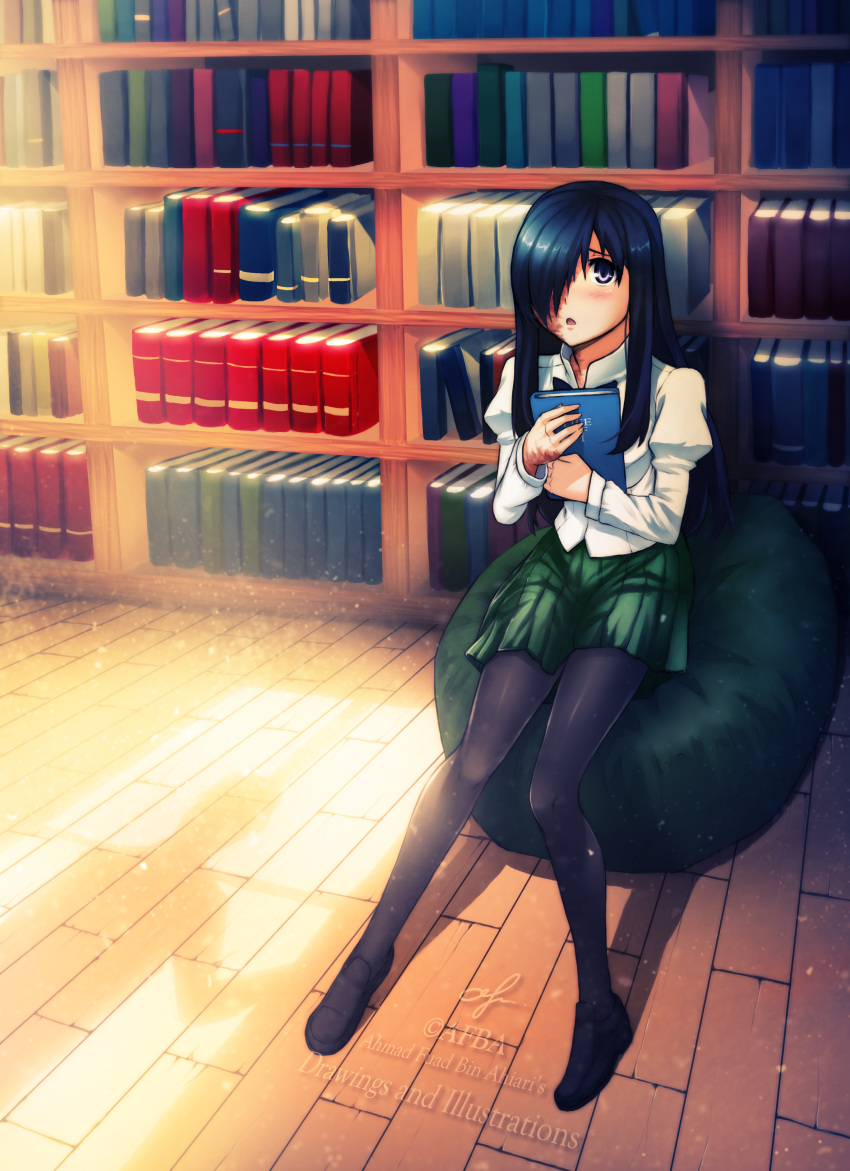 1girl, absurdres, afba, artist_name, black_hair, blush, book, bookshelf