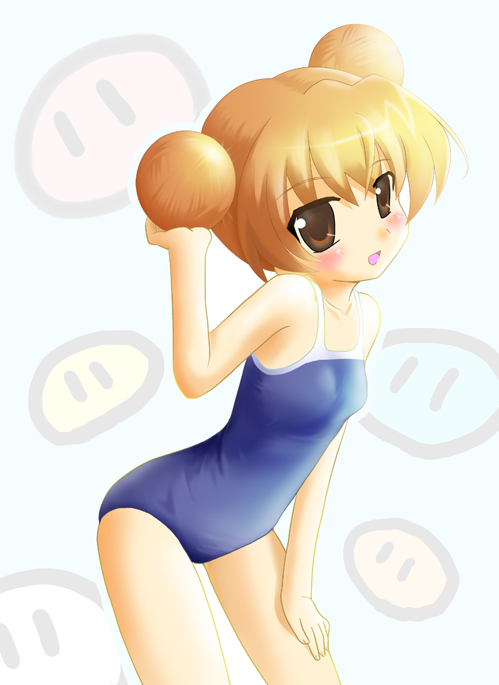 brown_eyes, brown_hair, clannad, dango, dango_daikazoku, double_bun, nisuki, one-piece_swimsuit