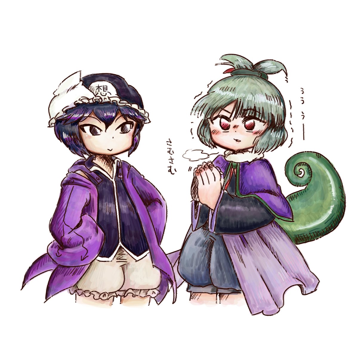 adagumo_no_saragimaru, androgynous, black_hair, capelet, chikafumikou, green_hair, hair_ornament, hands_on_hips