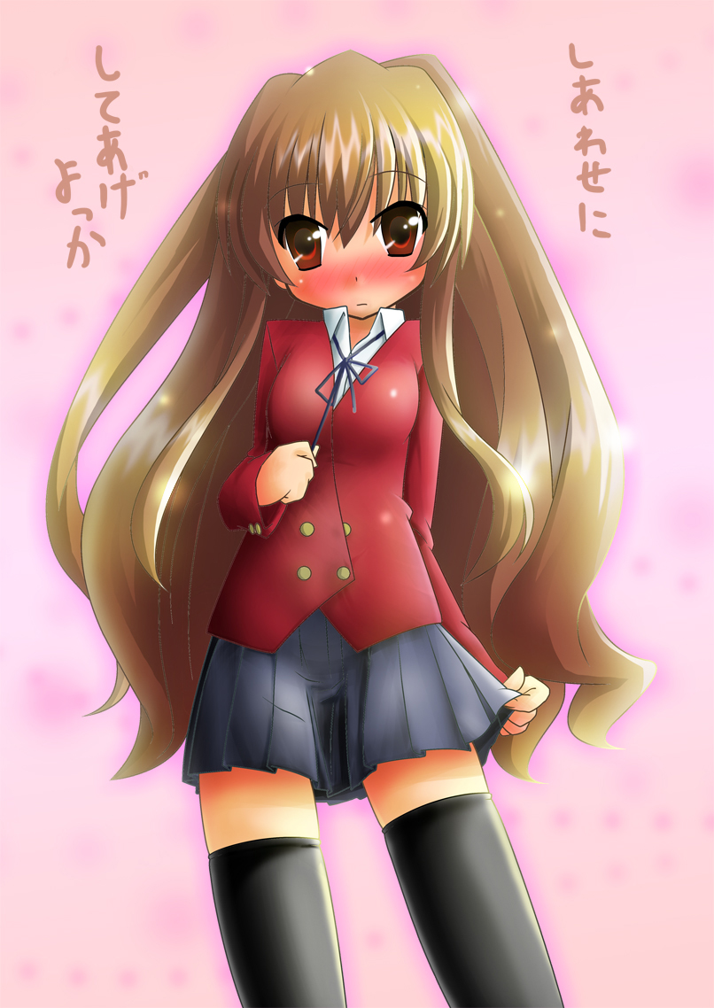 blush, brown_eyes, brown_hair, long_hair, nisuki, thigh-highs, thighhighs, toradora!