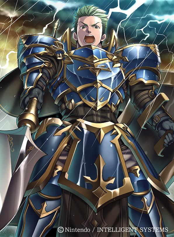 1boy, armor, armored_boots, boots, clouds, cloudy_sky, company_name, draug_(fire_emblem)