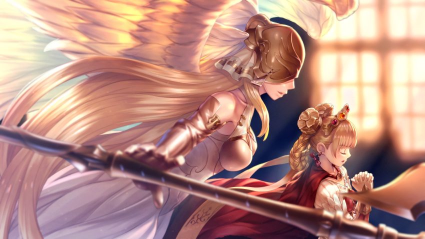 2girls, axe, bangs, bare_shoulders, blonde_hair, blunt_bangs, blurry, bow