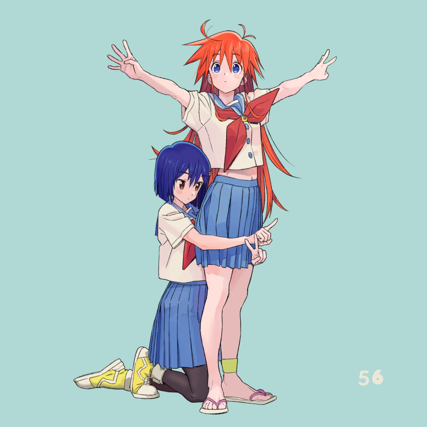 2girls, ahoge, antenna_hair, bangs, blue_eyes, blue_hair, flip_flappers, hair_ornament, hairclip, highres, kokomine_cocona, long_hair, miniskirt, multiple_girls, orange_hair, papika_(flip_flappers), pleated_skirt, school_uniform, serafuku, shiro_ymko, short_hair, short_sleeves, simple_background, skirt, tagme