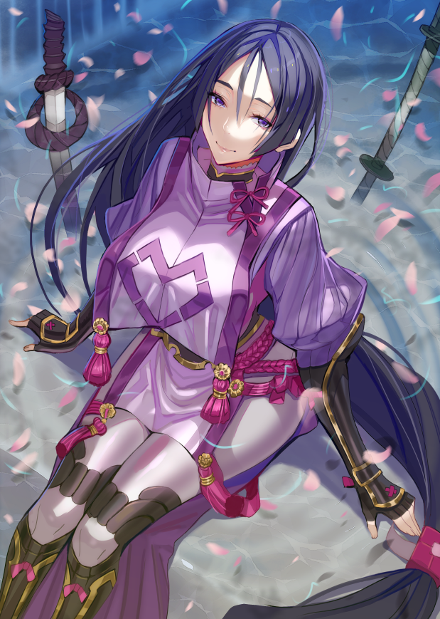 1girl, armor, armored_boots, bangs, black_gloves, black_hair, boots, breasts