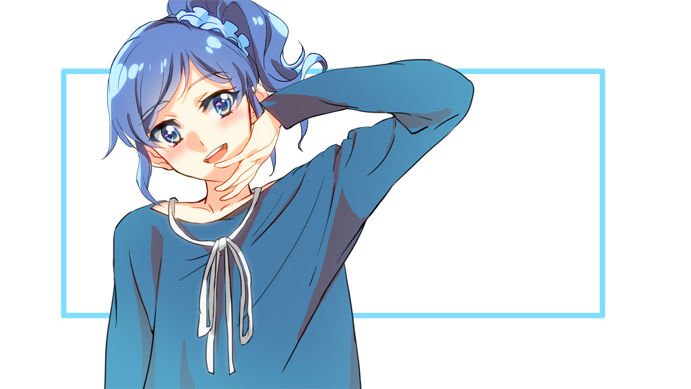 1girl, :d, aikatsu!, arm_at_side, arm_up, bangs, blue_shirt, eyebrows_visible_through_hair