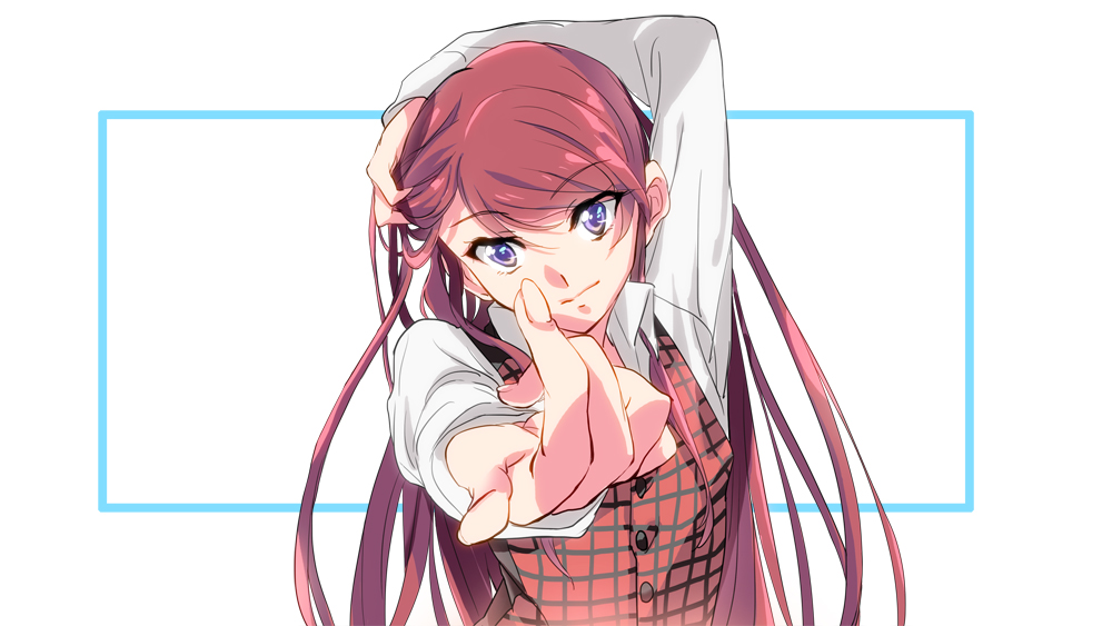 1girl, aikatsu!, arm_up, bangs, beckoning, closed_mouth, collared_shirt, dress_shirt