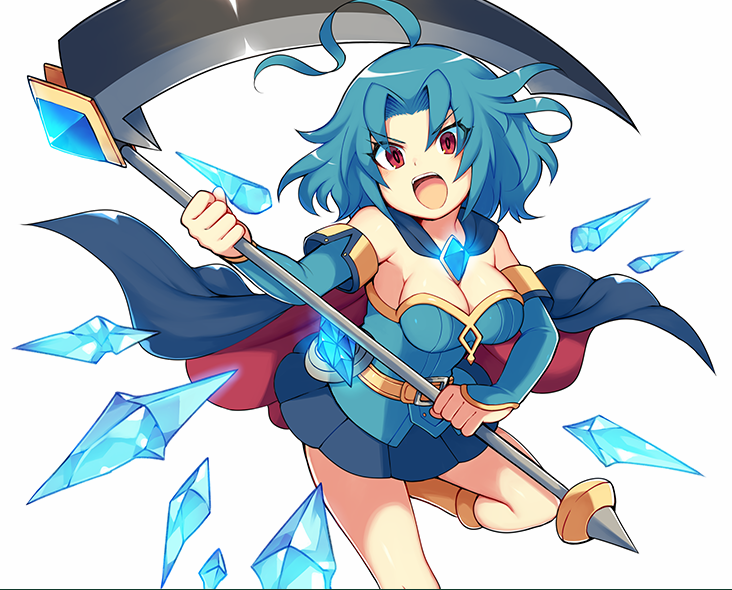 1girl, ahoge, arm_guards, aru_(brave_dungeon), belt, blue_hair, blue_skirt, brave_dungeon