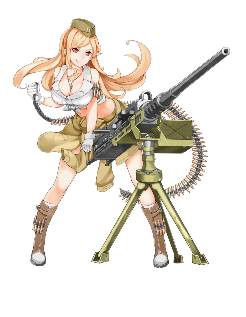 1girl, :p, ammunition, ammunition_belt, blonde_hair, boots, breasts, clothes_around_waist