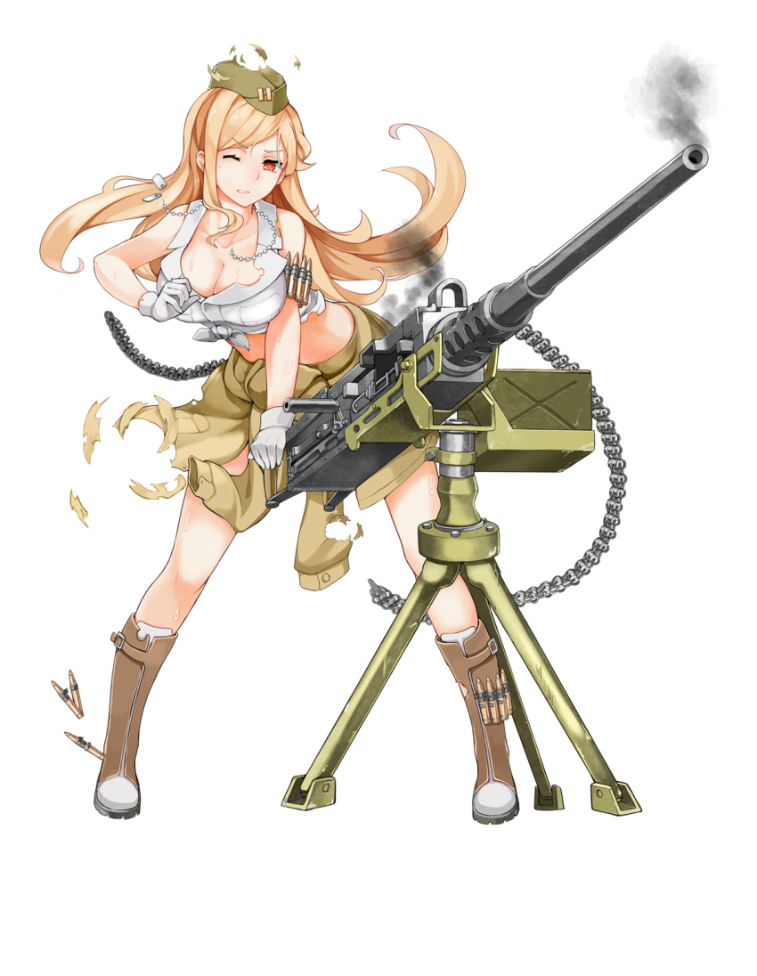 1girl, ammunition, ammunition_belt, blonde_hair, boots, breasts, clothes_around_waist, dog_tags