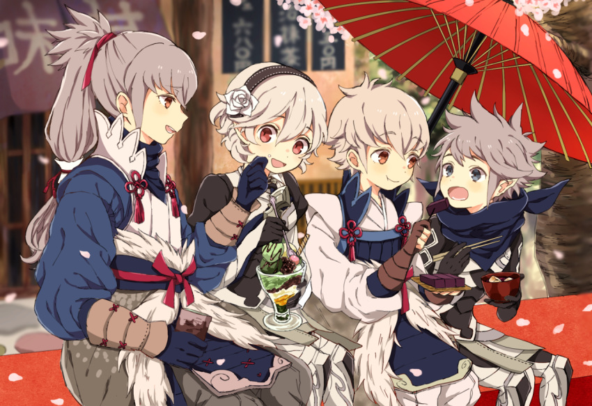 1girl, 3boys, anmitsu_(dessert), aomeeso, armor, blue_gloves, blush, cherry_blossoms