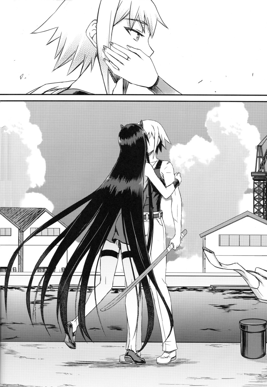 1boy, 1girl, absurdly_long_hair, absurdres, admiral_(kantai_collection), battleship_hime, black_dress, black_hair