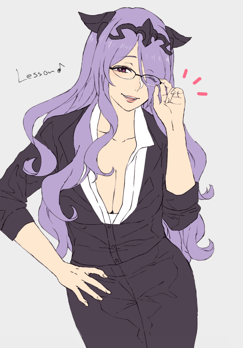 1girl, ;), ;d, adjusting_glasses, aomeeso, bespectacled, breasts, camilla_(fire_emblem_if), circlet, cleavage, eyebrows_visible_through_hair, eyes_visible_through_hair, fire_emblem, fire_emblem_if, glasses, hair_over_one_eye, hand_on_hip, highres, lips, long_hair, one_eye_closed, open_mouth, purple_background, purple_hair, simple_background, smile, solo, teacher, violet_eyes, wavy_hair