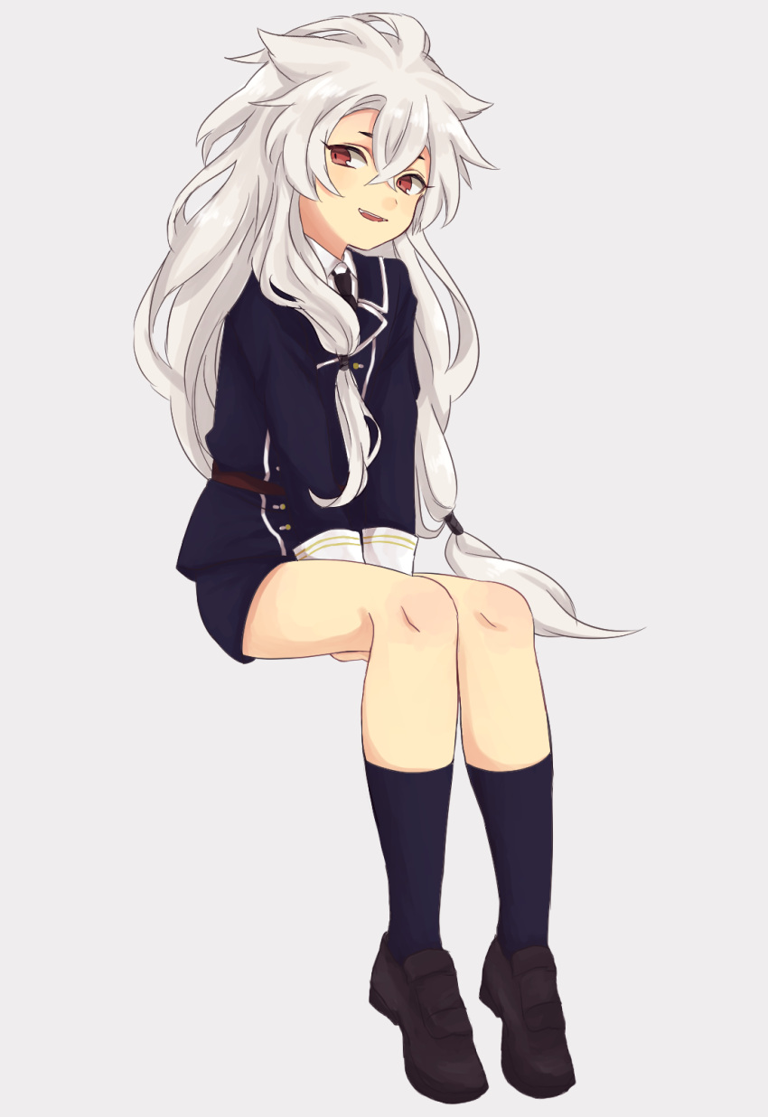 1boy, aomeeso, black_necktie, blue_legwear, child, fangs, full_body, hair_between_eyes
