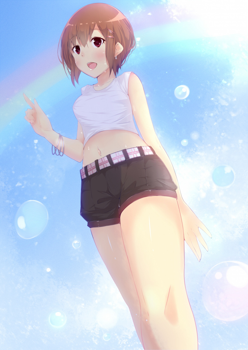 1girl, amatsuki_hotaru, black_shorts, breasts, brown_hair, collarbone, from_below, hair_ornament