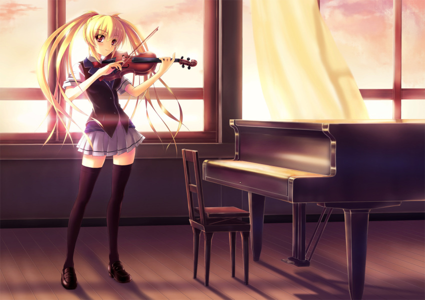 1girl, black_legwear, blonde_hair, brown_eyes, eyebrows_visible_through_hair, indoors, instrument, long_hair