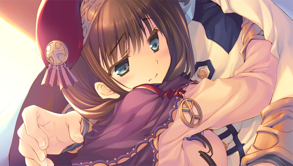 1boy, 1girl, aqua_eyes, aquaplus, brown_hair, close-up, dungeon_travelers_2, game_cg