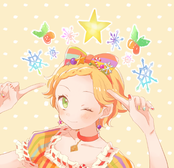 1girl, aikatsu!, blonde_hair, blush, bow, braid, choker, christmas