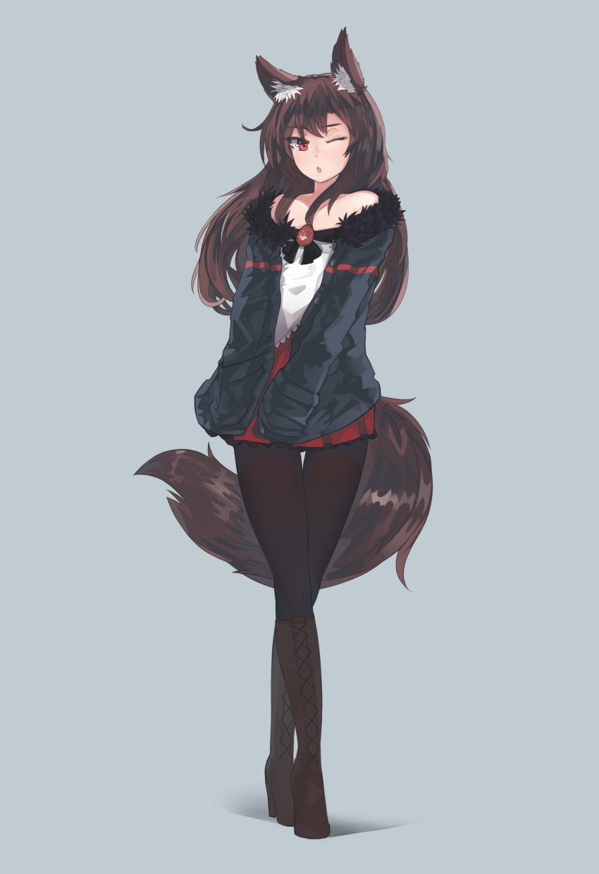 1girl, absurdres, animal_ears, bare_shoulders, black_legwear, blouse, boots, brown_hair