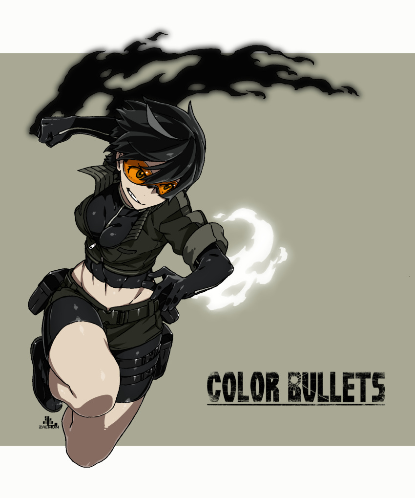 1girl, belt, bike_shorts, black_boots, black_hair, boots, color_bullets, copyright_name