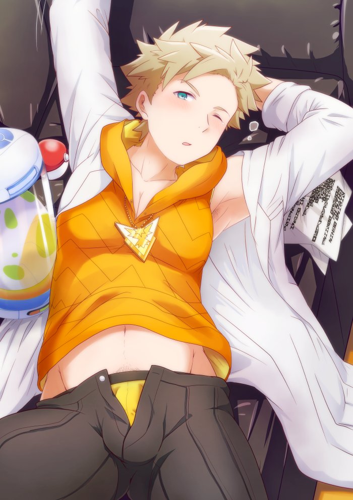 1boy, adonis_belt, blonde_hair, blue_eyes, bulge, couch, egg, gluteal_fold