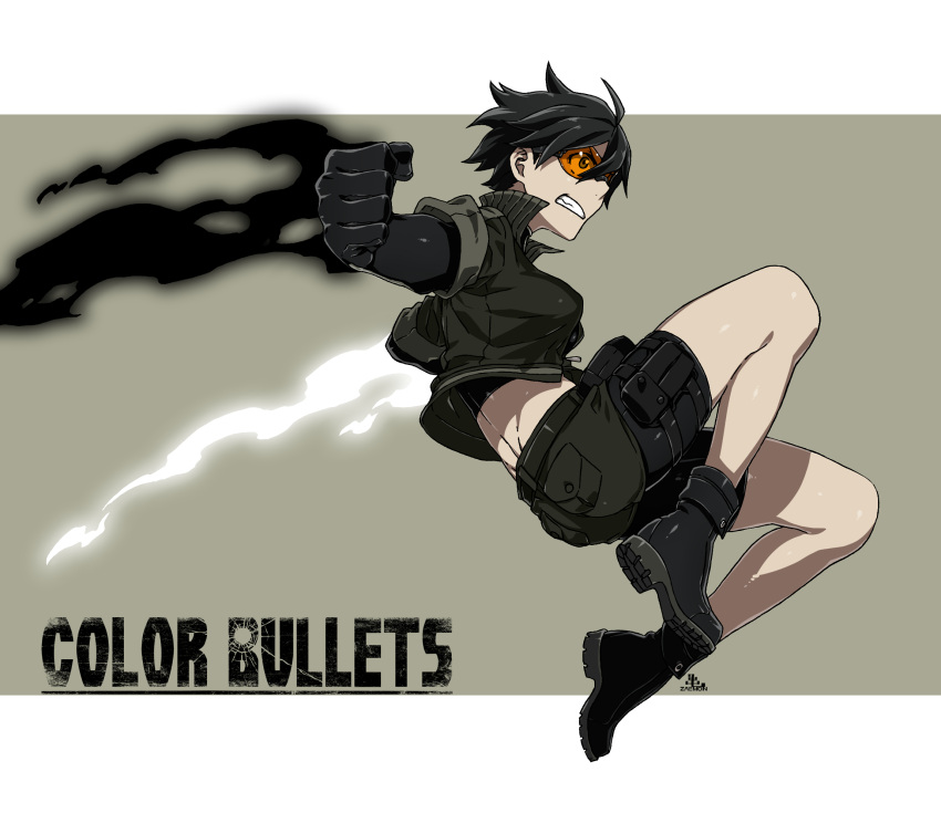 1girl, belt, bike_shorts, black_boots, black_hair, boots, clenched_teeth, color_bullets