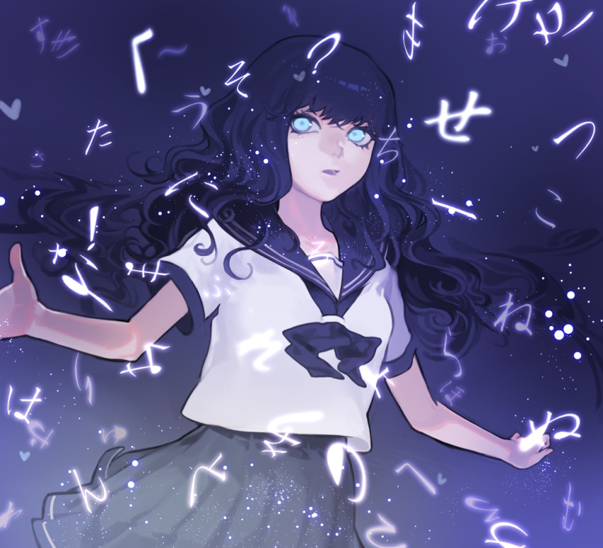 1girl, aqua_eyes, black_hair, blue_eyes, floating_hair, glowing, long_hair, navy_hair, open_mouth, orb, original, outstretched_arms, pleated_skirt, sailor_collar, school_uniform, serafuku, short_sleeves, skirt, sparkle, symbol, wavy_hair, wntame