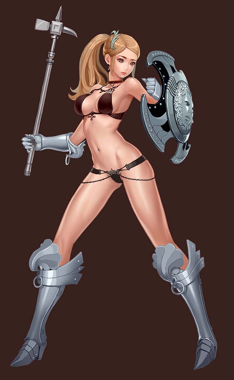 1girl, armor, armpits, bare_shoulders, bikini_armor, blonde_hair, breasts, brown_eyes