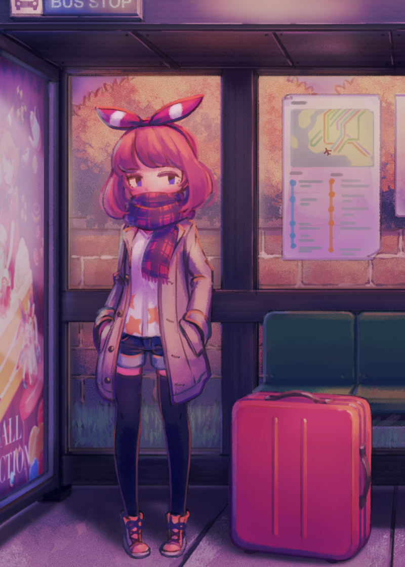 1girl, blue_eyes, brown_hair, bus_stop, covered_mouth, hair_ribbon, half-closed_eyes, hands_in_pockets