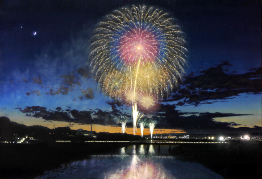 akashi_kaikyou, blurry, bridge, city, city_lights, clouds, commentary, crescent_moon