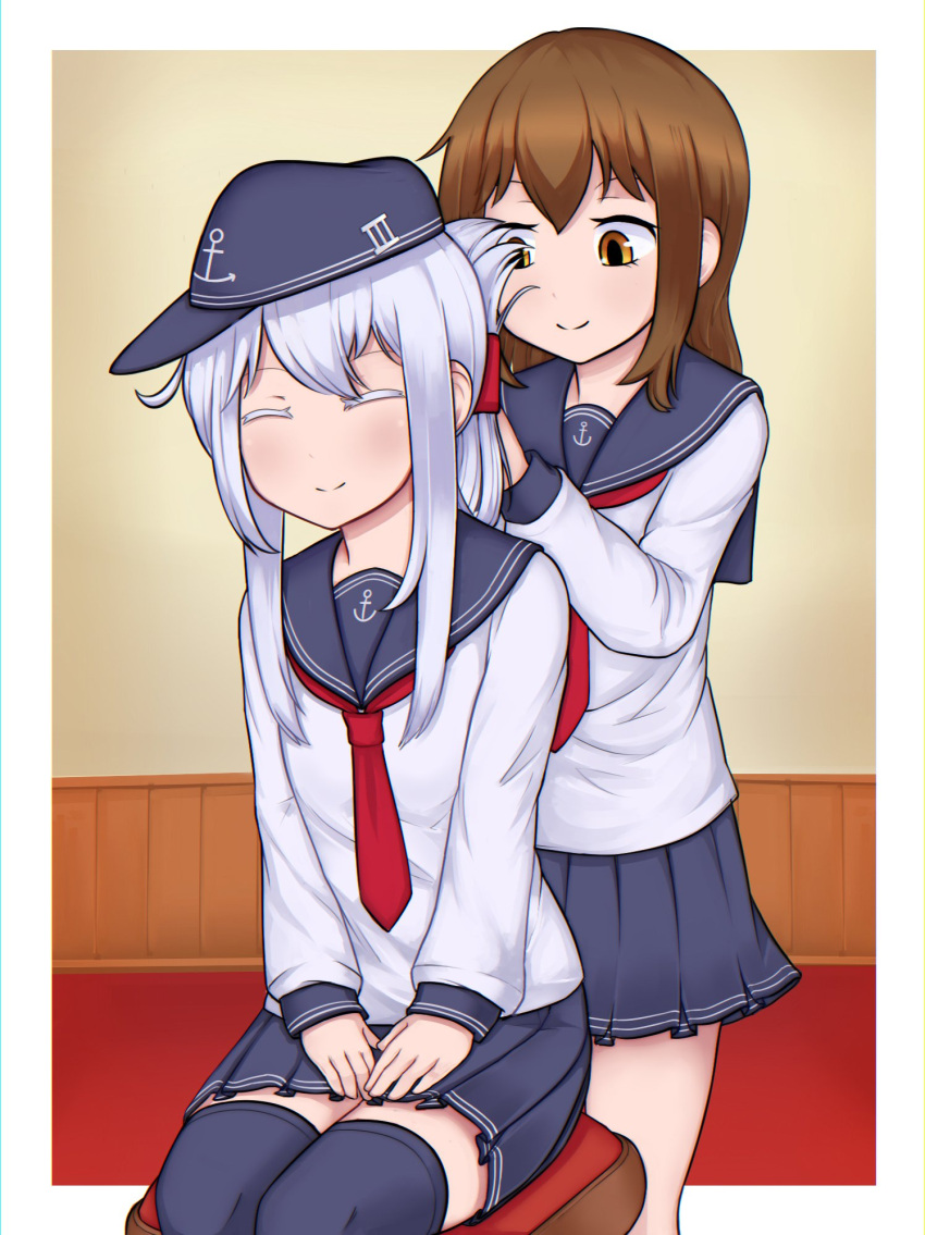 2girls, ^_^, alternate_hairstyle, anchor_symbol, black_legwear, blue_skirt, blush, brown_eyes