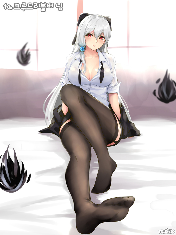 1girl, bangs, black_bow, black_fire, black_legwear, blush, bow, breasts