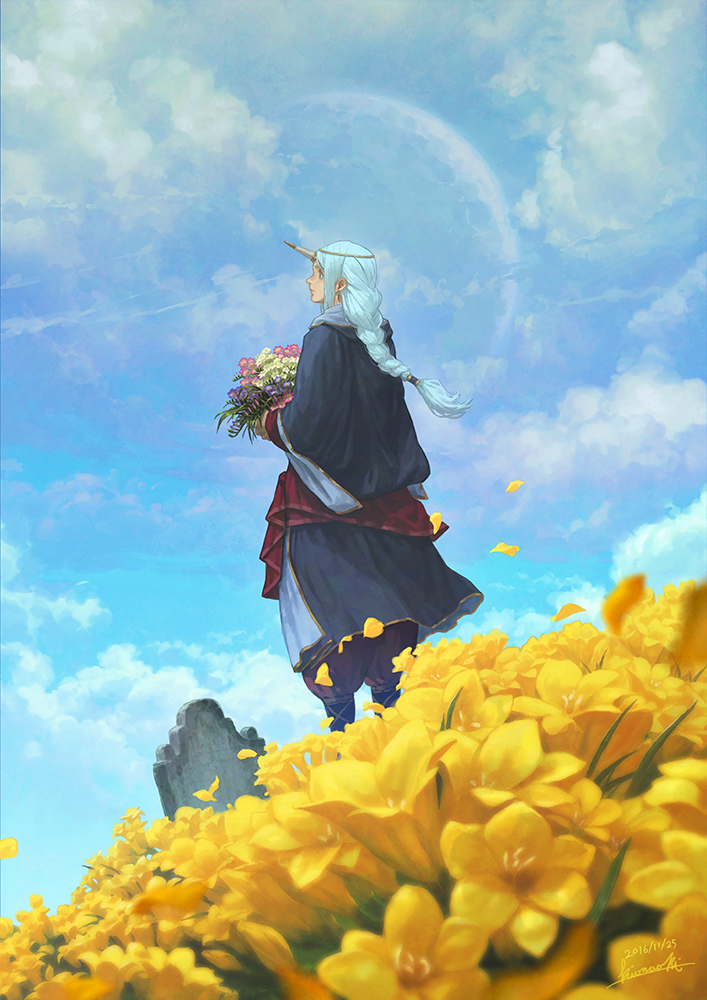 1girl, blue_hair, bouquet, braid, circlet, clouds, dated, day