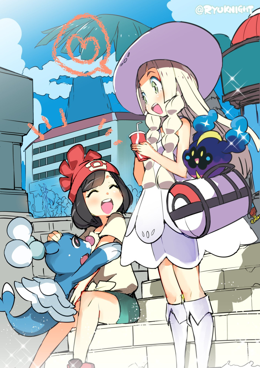 2girls, bag, beanie, black_hair, blonde_hair, braid, brionne, closed_eyes