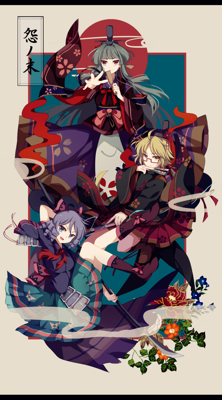3girls, blonde_hair, blouse, blue_blouse, boots, bow, brown_boots, character_request
