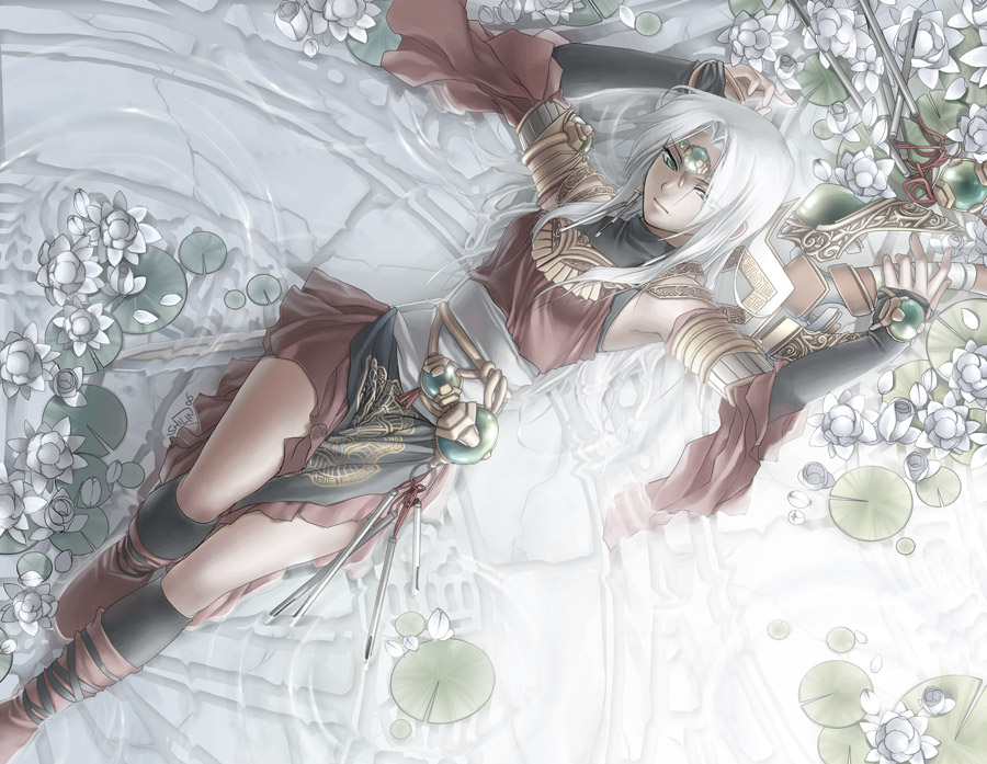 blackbird, carciphona, fantasy, flower, green_eyes, long_hair, lying, shilin, solo, sword, veloce_visrin, water, weapon, white_hair